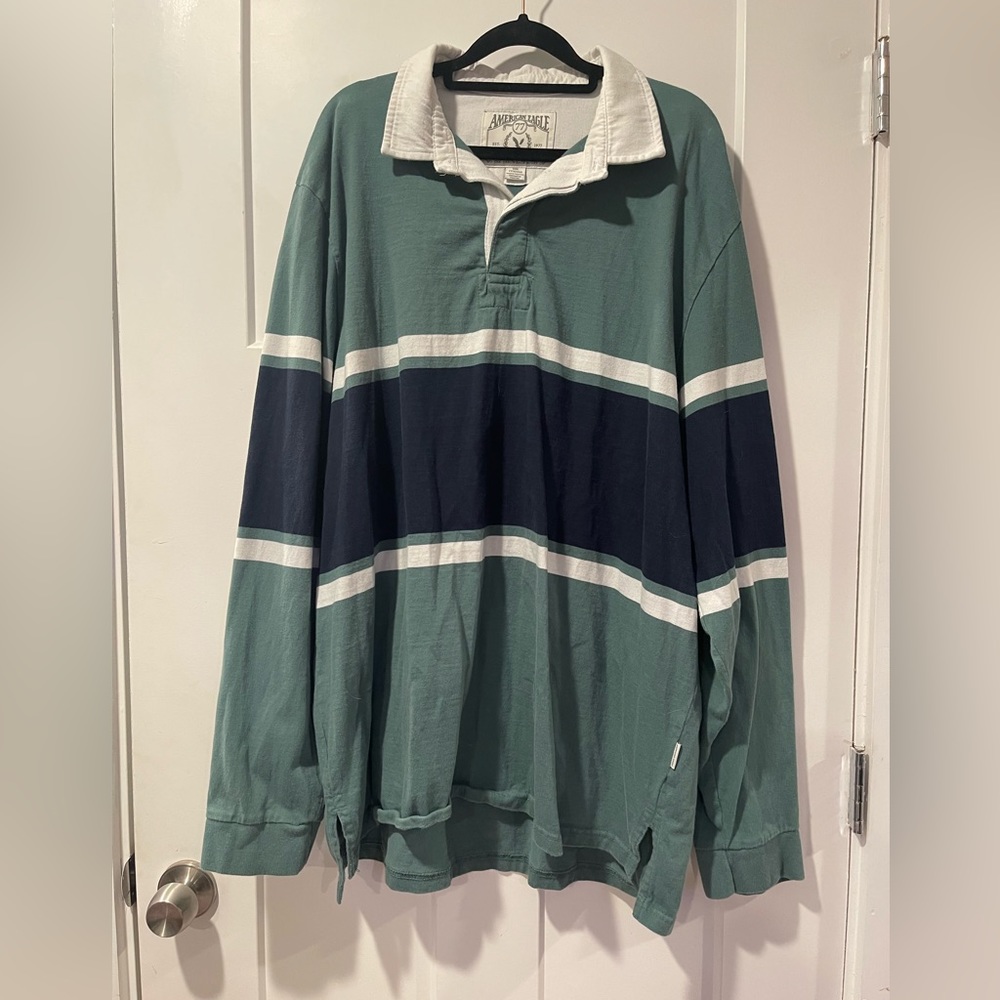 green & navy striped American Eagle long-sleeve rugby polo, M 3XL